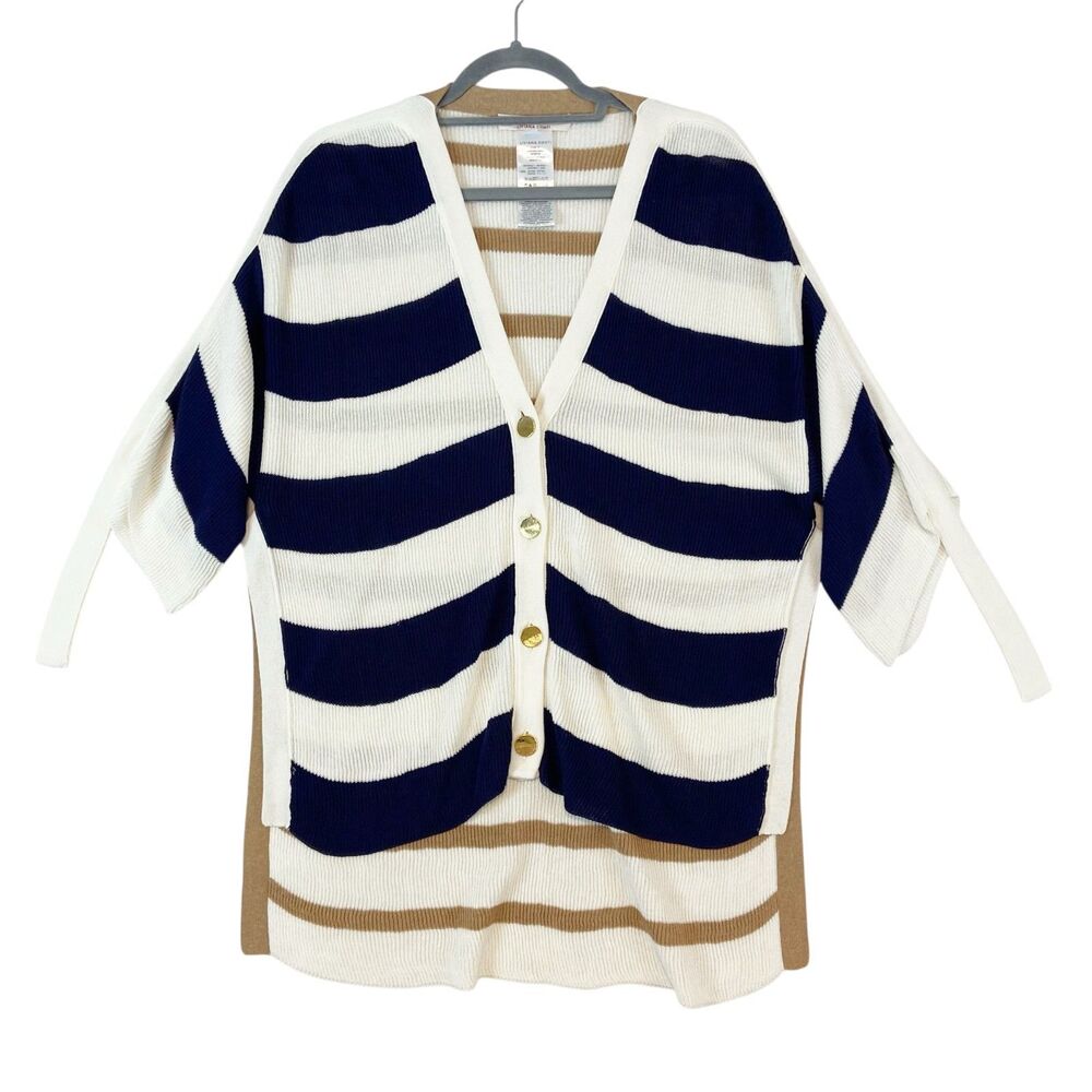 Liviana Conti Knit Cardigan Sweater Womens Sz M Chunky Stripes Nautical Coastal